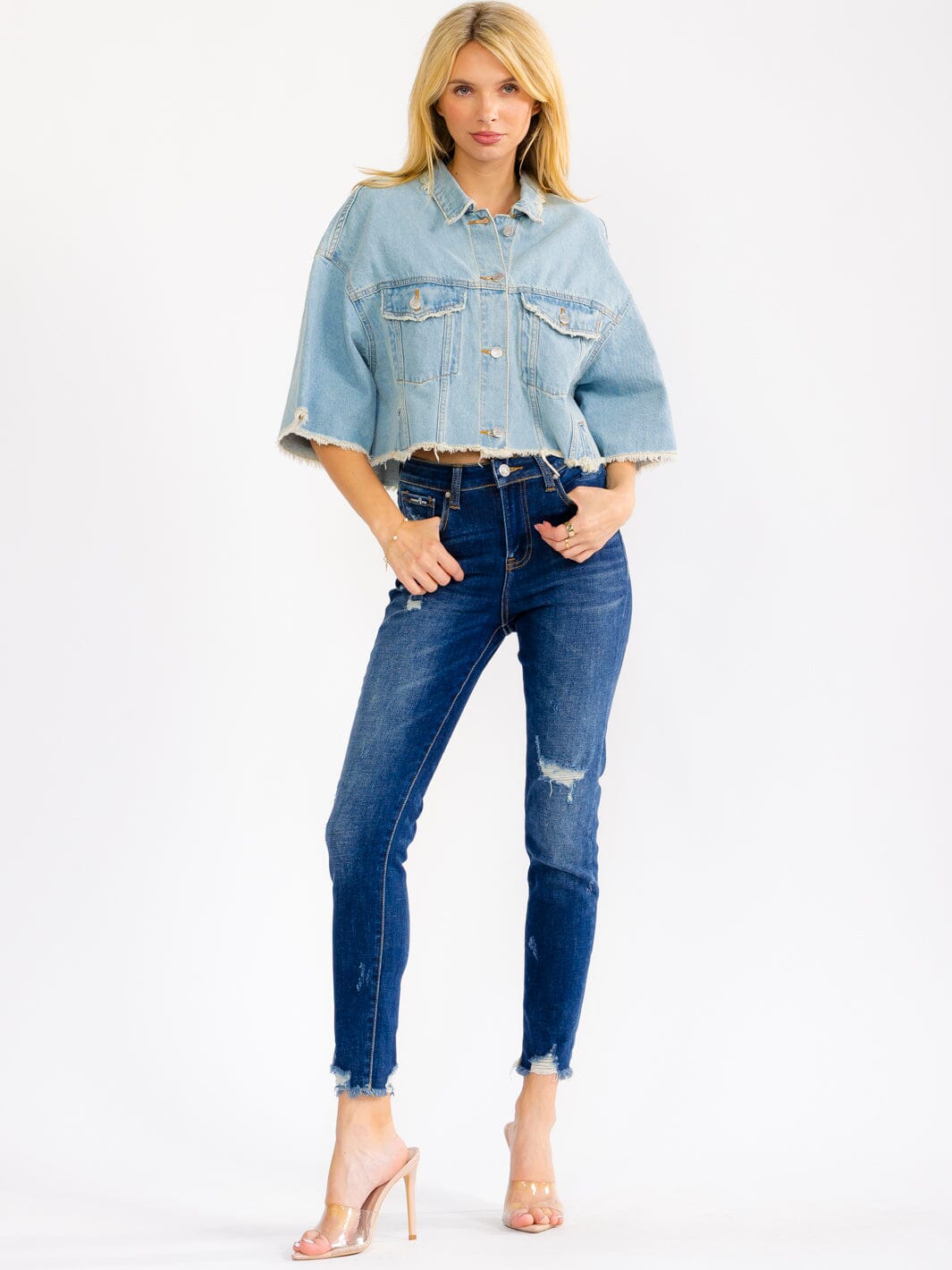 WOMEN'S SHORT SLEEVE BUTTON UP FRONT POCKETS DENIM TOP