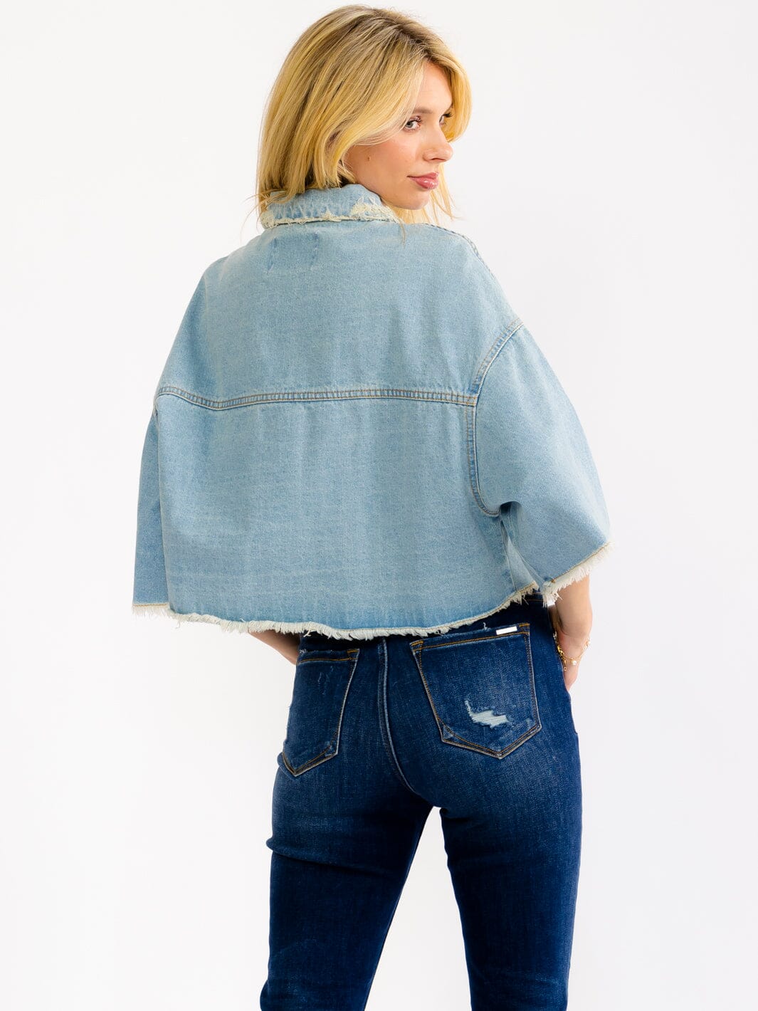 WOMEN'S SHORT SLEEVE BUTTON UP FRONT POCKETS DENIM TOP