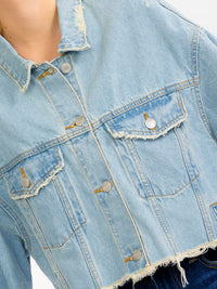 WOMEN'S SHORT SLEEVE BUTTON UP FRONT POCKETS DENIM TOP