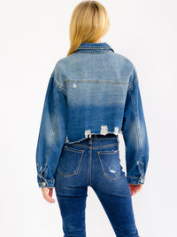 WOMEN'S LONG SLEEVE BUTTON UP POCKETS DENIM WASHED DISTRESS JACKET
