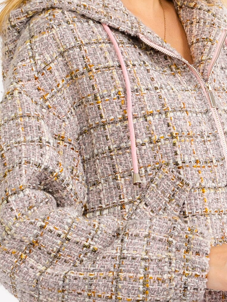 WOMEN'S LONG SLEEVE ZIP UP HOODED TWEED JACKET