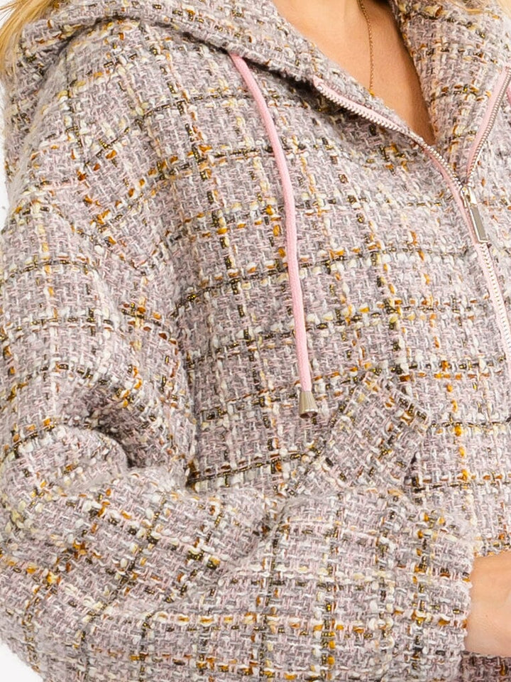 WOMEN'S LONG SLEEVE ZIP UP HOODED TWEED JACKET
