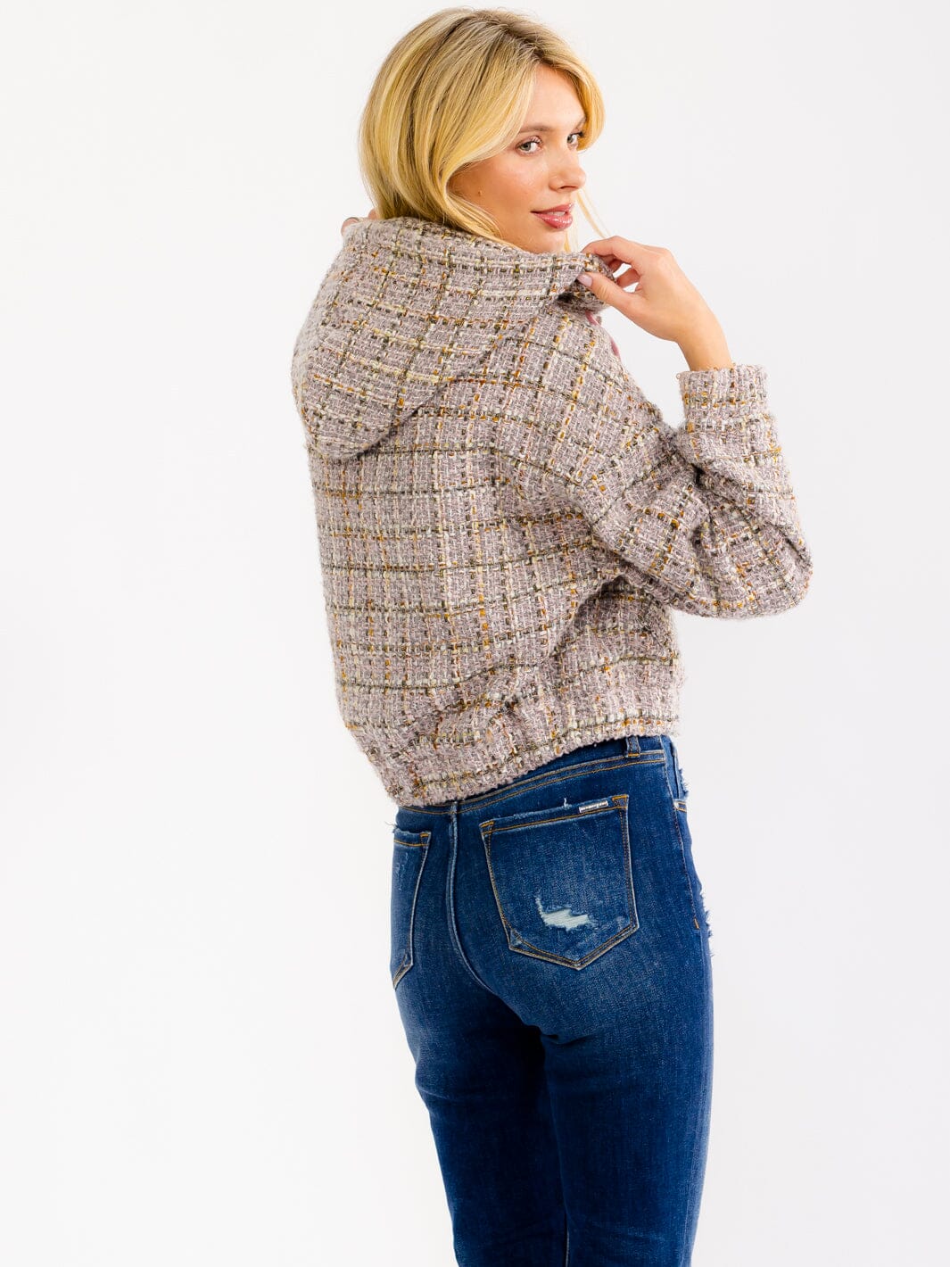 WOMEN'S LONG SLEEVE ZIP UP HOODED TWEED JACKET