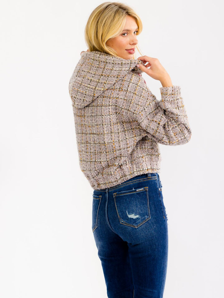 WOMEN'S LONG SLEEVE ZIP UP HOODED TWEED JACKET