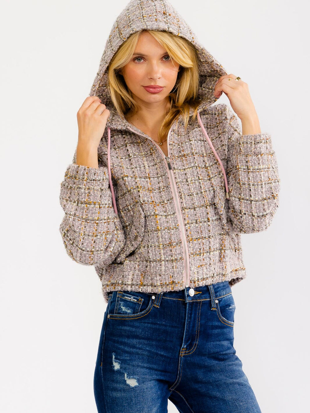 WOMEN'S LONG SLEEVE ZIP UP HOODED TWEED JACKET