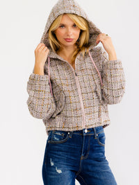 WOMEN'S LONG SLEEVE ZIP UP HOODED TWEED JACKET