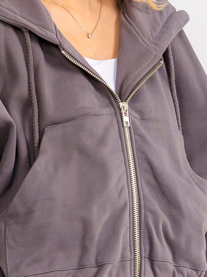 WOMEN'S LONG SLEEVE ZIP UP HOODED FRONT POCKETS JACKET