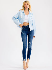WOMEN'S LONG SLEEVE BUTTON UP POCKETS REMOVABLE HOODIE DENIM JACKET