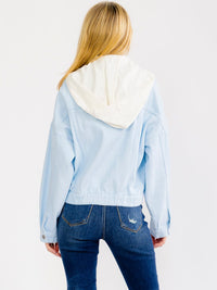 WOMEN'S LONG SLEEVE BUTTON UP POCKETS REMOVABLE HOODIE DENIM JACKET