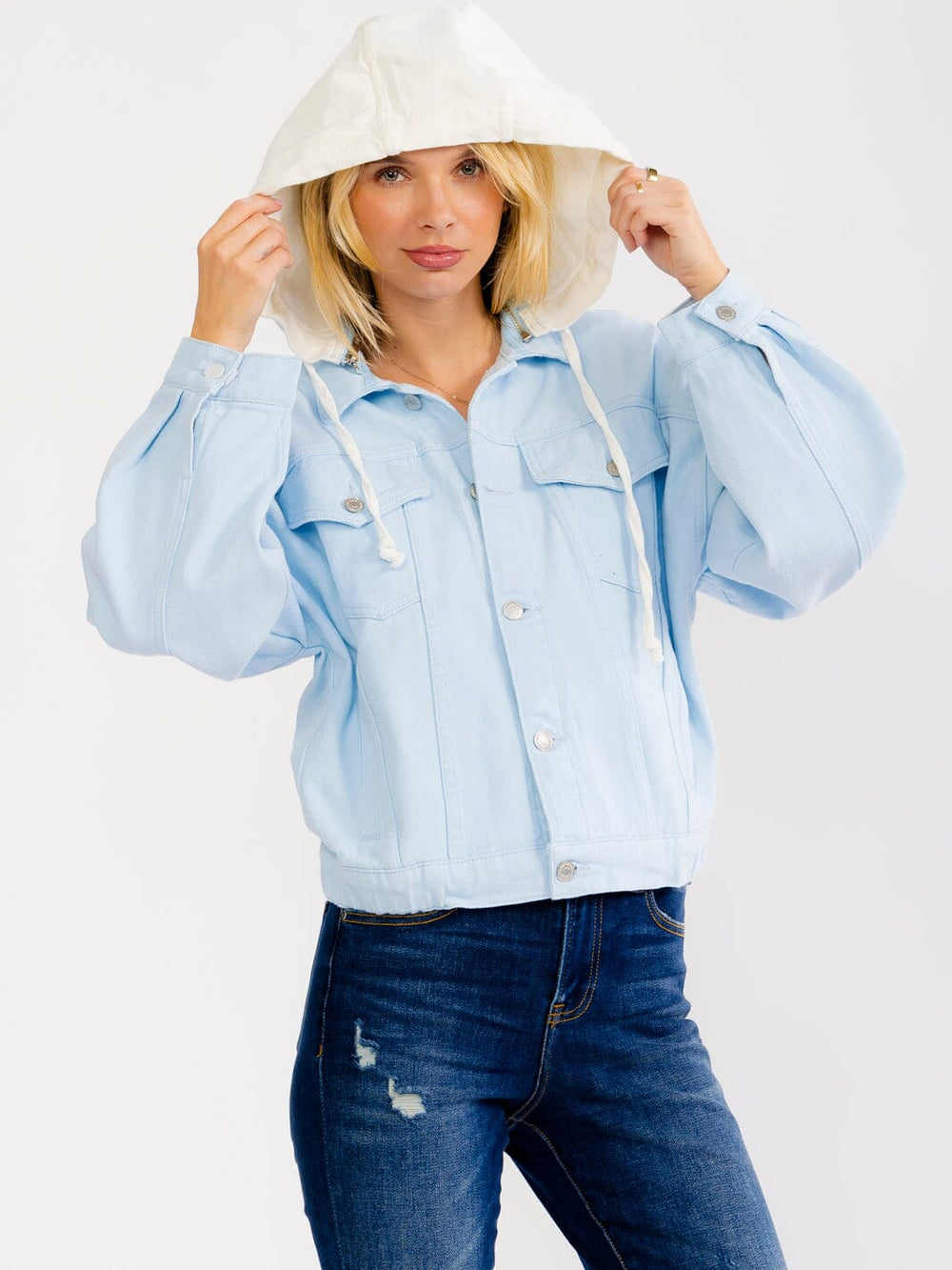 WOMEN'S LONG SLEEVE BUTTON UP POCKETS REMOVABLE HOODIE DENIM JACKET