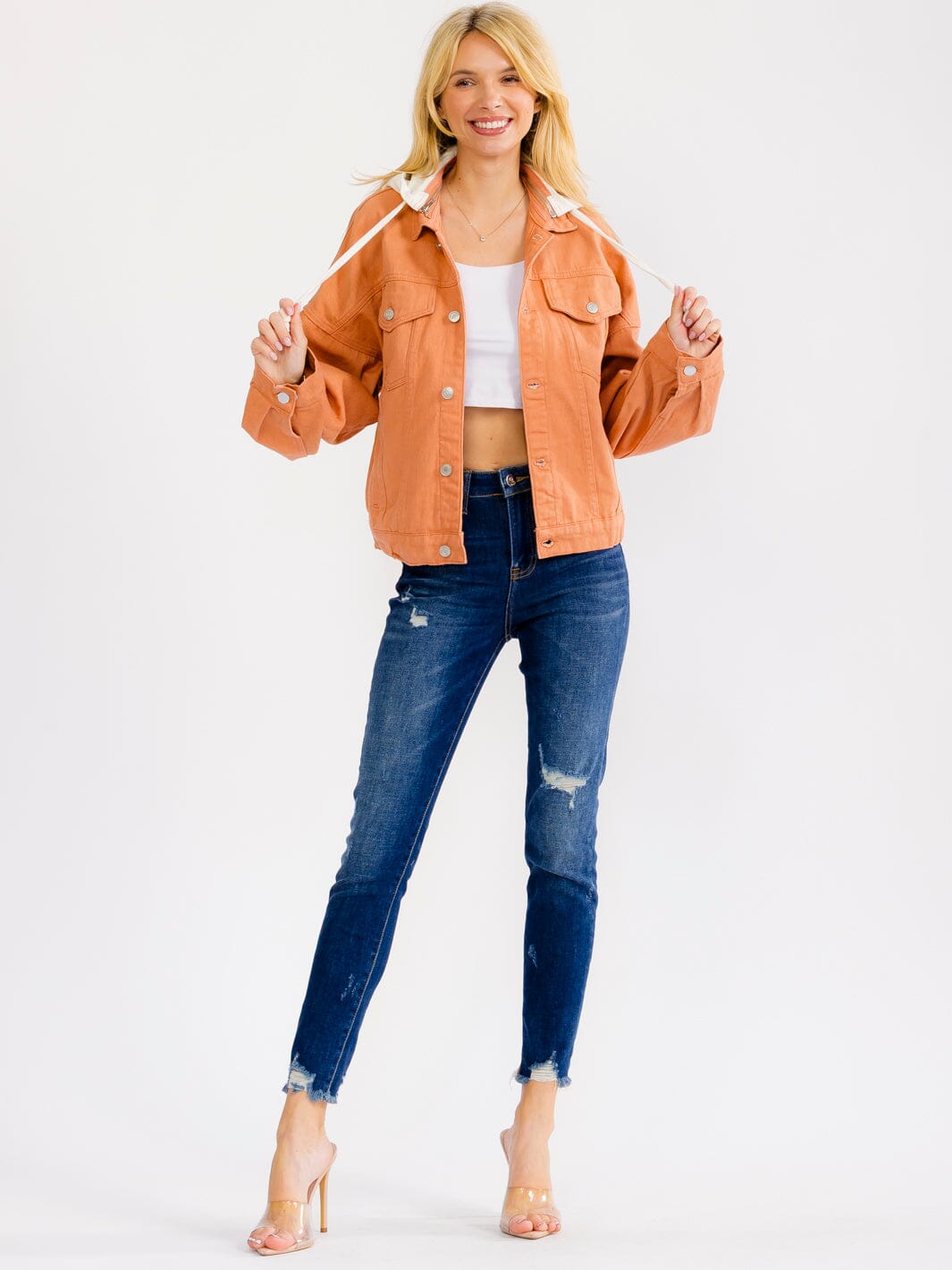 WOMEN'S LONG SLEEVE BUTTON UP POCKETS REMOVABLE HOODIE DENIM JACKET