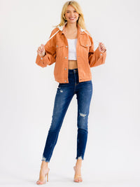 WOMEN'S LONG SLEEVE BUTTON UP POCKETS REMOVABLE HOODIE DENIM JACKET