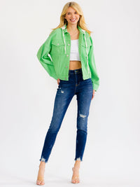 WOMEN'S LONG SLEEVE BUTTON UP POCKETS REMOVABLE HOODIE DENIM JACKET