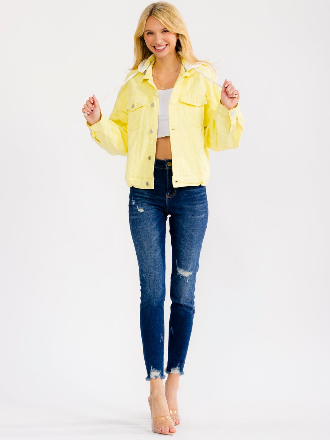 WOMEN'S LONG SLEEVE BUTTON UP POCKETS REMOVABLE HOODIE DENIM JACKET