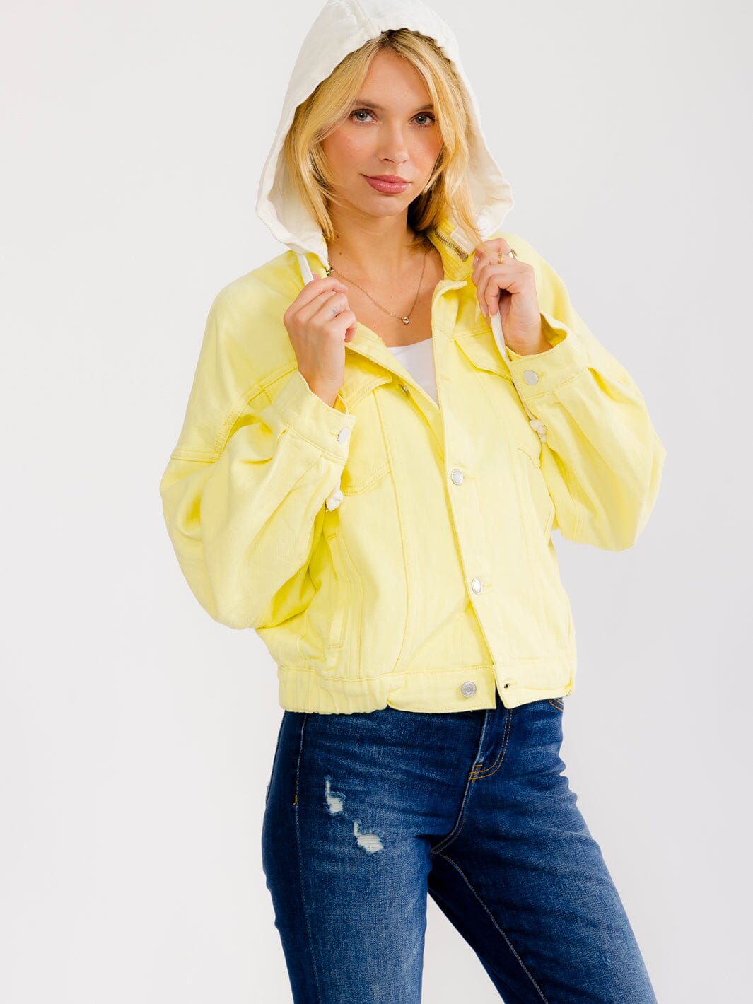 WOMEN'S LONG SLEEVE BUTTON UP POCKETS REMOVABLE HOODIE DENIM JACKET