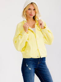 WOMEN'S LONG SLEEVE BUTTON UP POCKETS REMOVABLE HOODIE DENIM JACKET