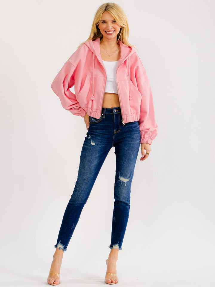WOMEN'S LONG SLEEVE ZIP UP HOODED FRONT POCKETS JACKET