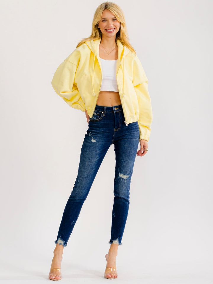 WOMEN'S LONG SLEEVE ZIP UP HOODED FRONT POCKETS JACKET