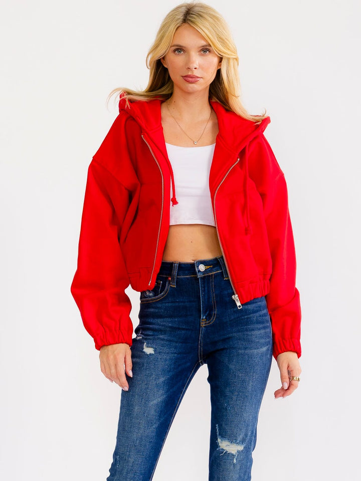 WOMEN'S LONG SLEEVE ZIP UP HOODED FRONT POCKETS JACKET