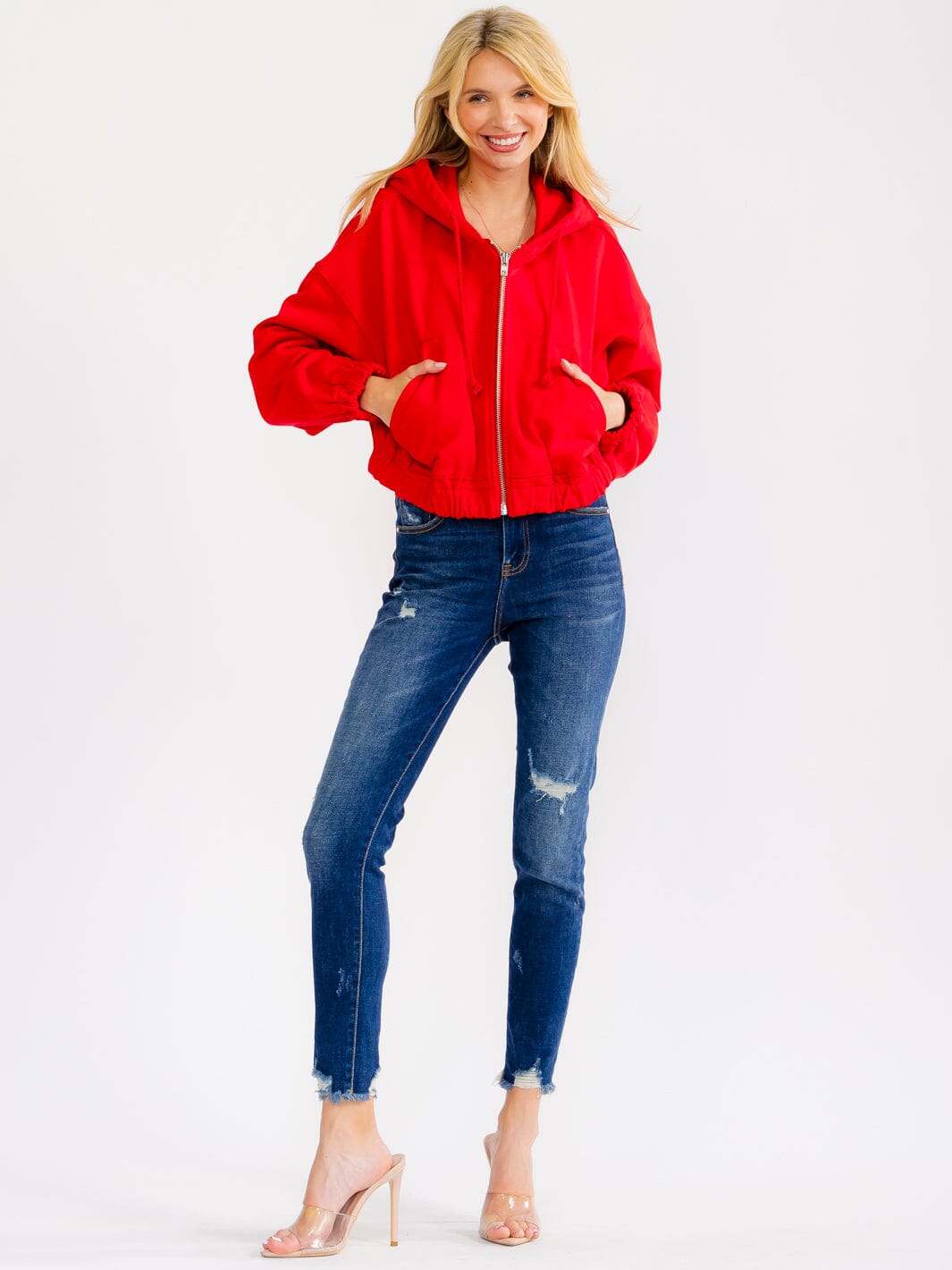 WOMEN'S LONG SLEEVE ZIP UP HOODED FRONT POCKETS JACKET