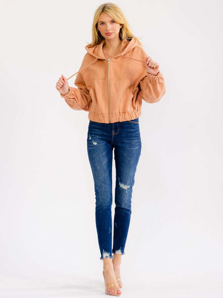 WOMEN'S LONG SLEEVE ZIP UP HOODED FRONT POCKETS JACKET