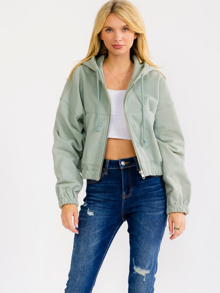 WOMEN'S LONG SLEEVE ZIP UP HOODED FRONT POCKETS JACKET