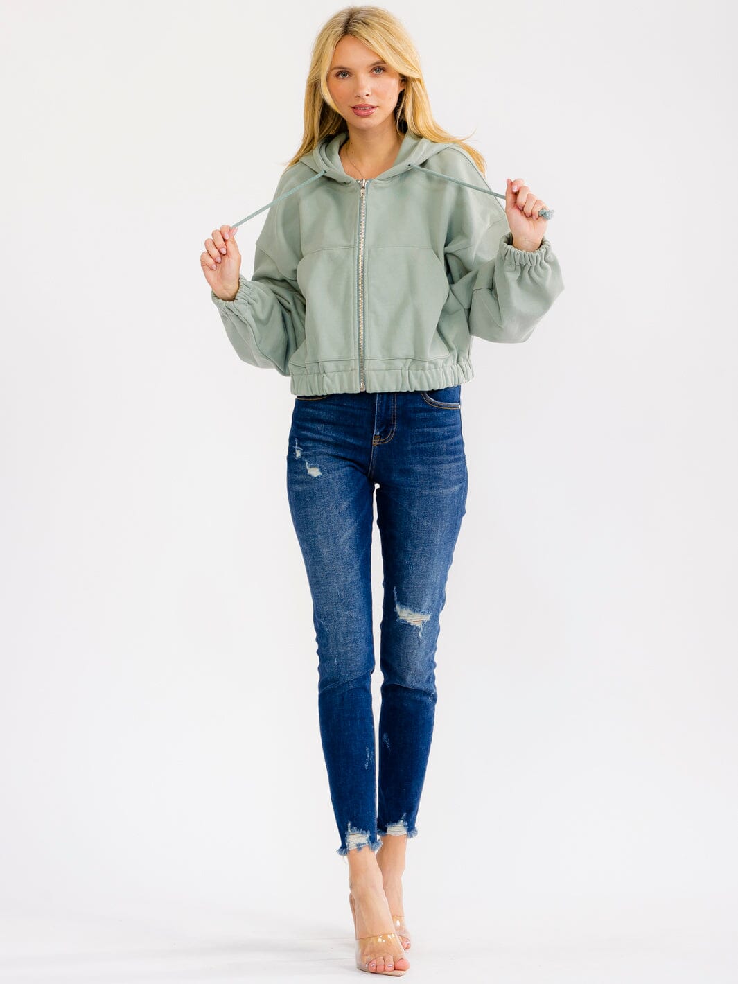 WOMEN'S LONG SLEEVE ZIP UP HOODED FRONT POCKETS JACKET