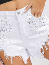 WOMEN'S BUTTON CLOSURE POCKETS STUDS DISTRESS DENIM MINI SHORTS