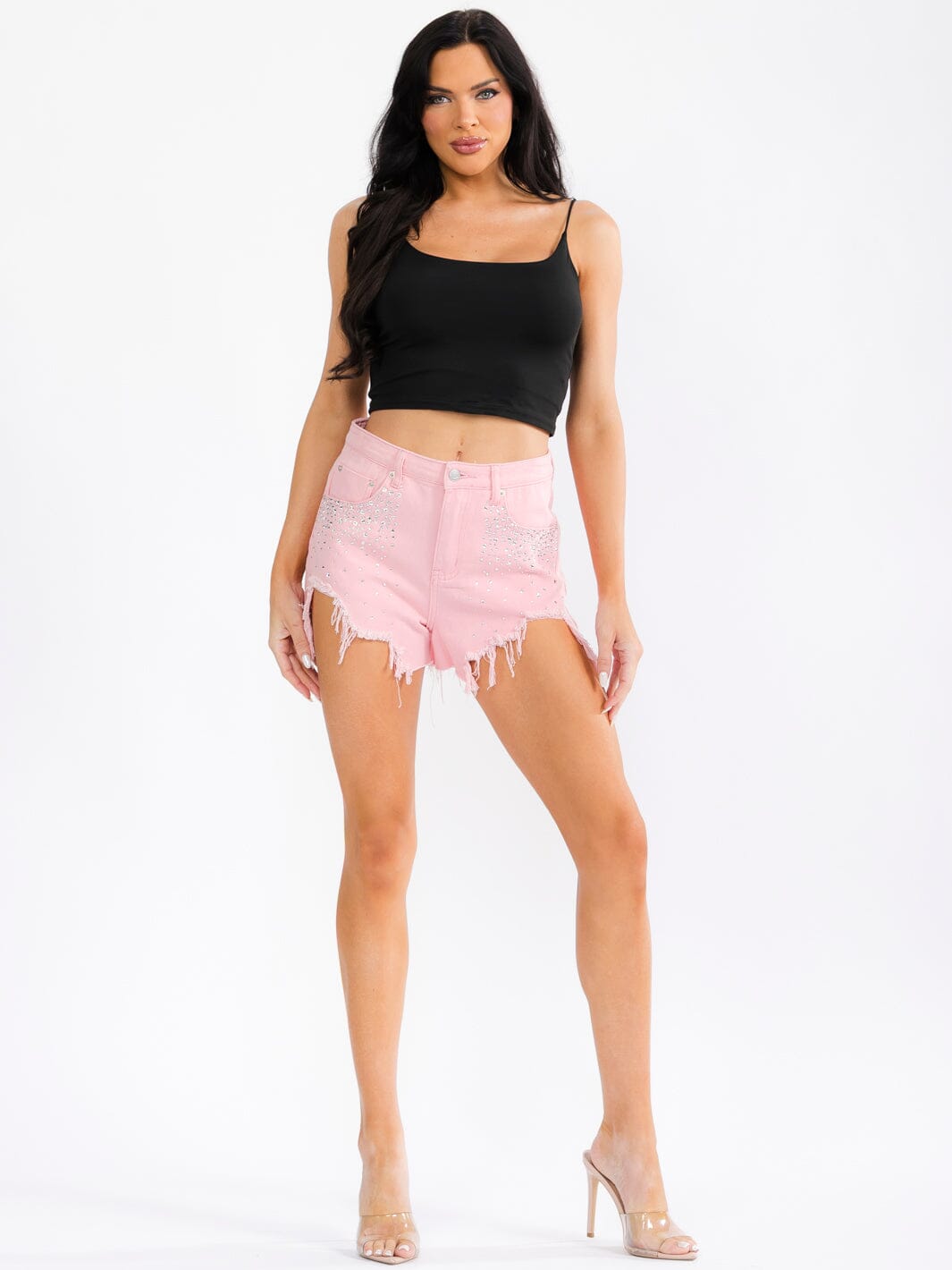 WOMEN'S BUTTON CLOSURE POCKETS STUDS DISTRESS DENIM MINI SHORTS
