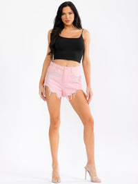 WOMEN'S BUTTON CLOSURE POCKETS STUDS DISTRESS DENIM MINI SHORTS