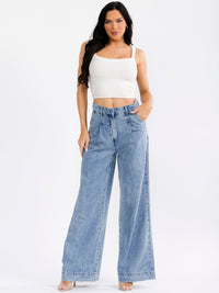 WOMEN'S BUTTON CLOSURE POCKETS WIDE LEG WASHED DENIM PANTS
