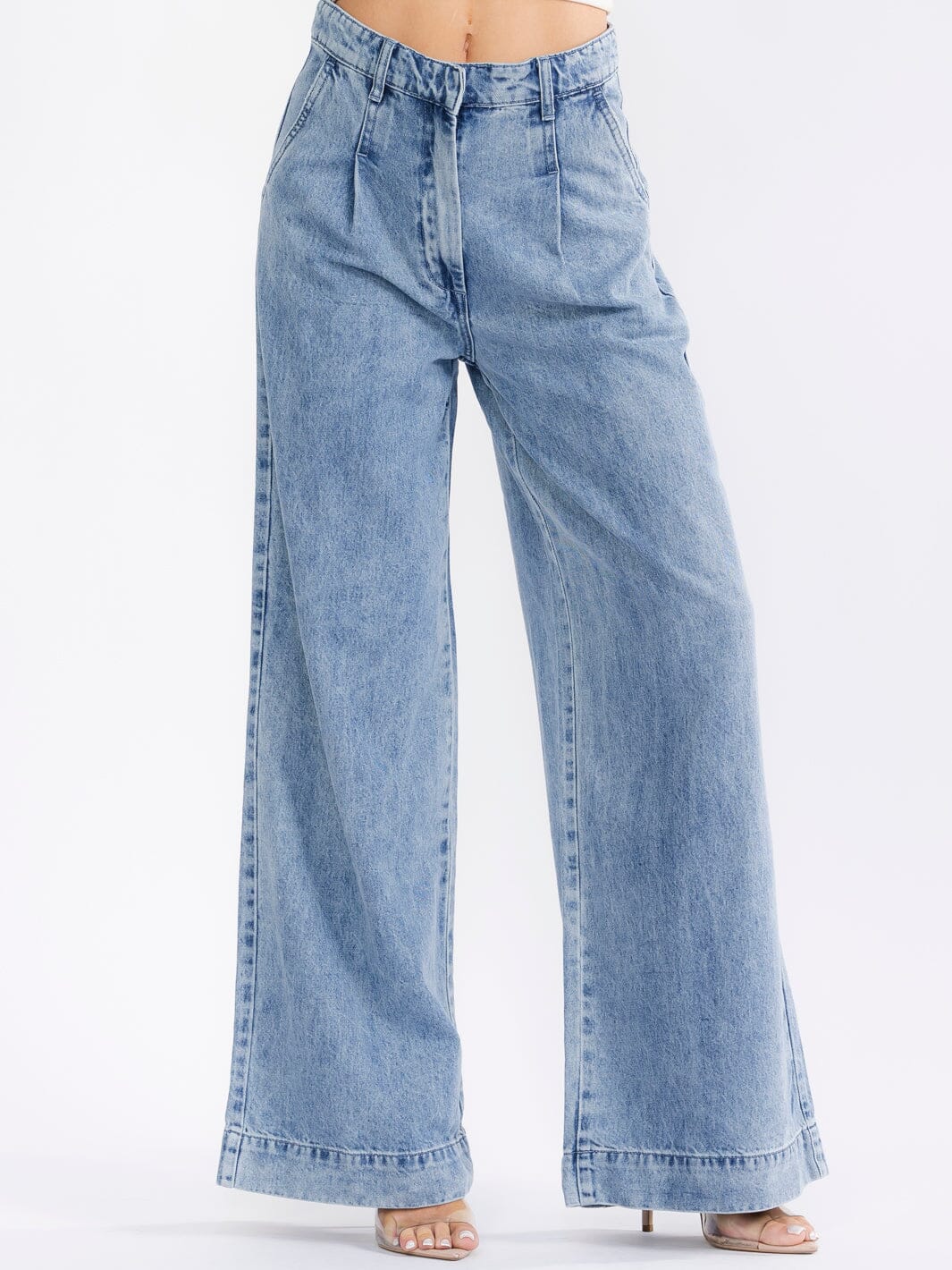WOMEN'S BUTTON CLOSURE POCKETS WIDE LEG WASHED DENIM PANTS