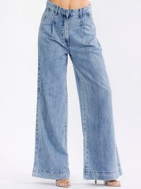 WOMEN'S BUTTON CLOSURE POCKETS WIDE LEG WASHED DENIM PANTS