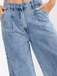 WOMEN'S BUTTON CLOSURE POCKETS WIDE LEG WASHED DENIM PANTS