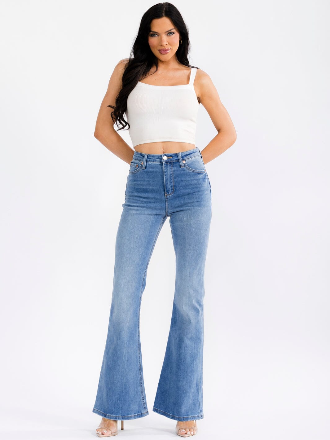 WOMEN'S BUTTON CLOSURE POCKETS BELL LEG DENIM WASHED STRETCH PANTS