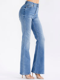 WOMEN'S BUTTON CLOSURE POCKETS BELL LEG DENIM WASHED STRETCH PANTS