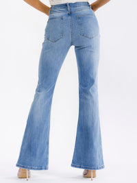 WOMEN'S BUTTON CLOSURE POCKETS BELL LEG DENIM WASHED STRETCH PANTS