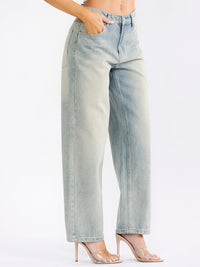 WOMEN'S BUTTON CLOSURE POCKETS STRAIGHT LEG WASHED DENIM PANTS