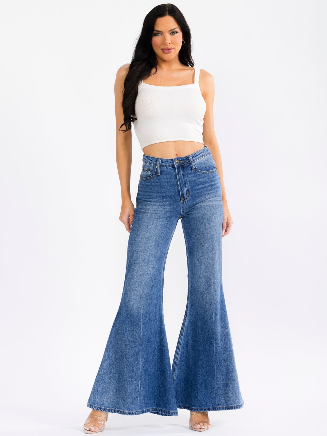 WOMEN'S BUTTON CLOSURE POCKETS BELL LEG WASHED DENIM PANTS