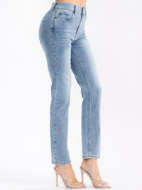 WOMEN'S BUTTON CLOSURE POCKETS STRAIGHT LEG DENIM STRETCH PANTS