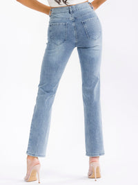 WOMEN'S BUTTON CLOSURE POCKETS STRAIGHT LEG DENIM STRETCH PANTS