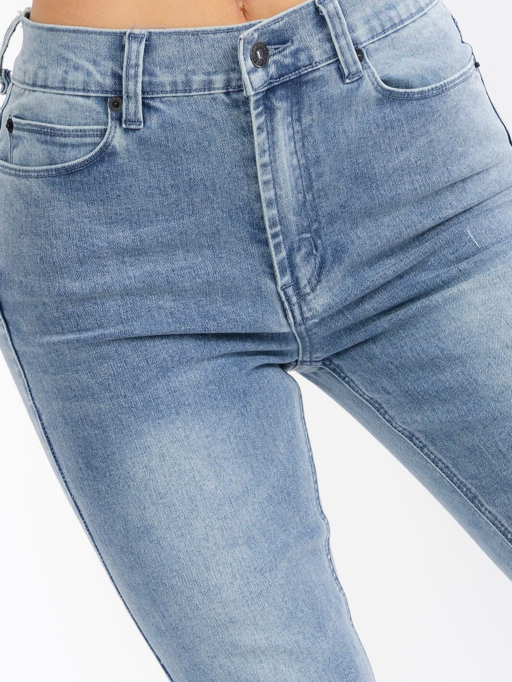 WOMEN'S BUTTON CLOSURE POCKETS STRAIGHT LEG DENIM STRETCH PANTS