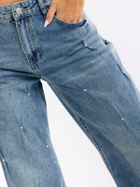 WOMEN'S BUTTON CLOSURE POCKETS STUDS DETAILED WIDE LEG WASHED DENIM PANTS