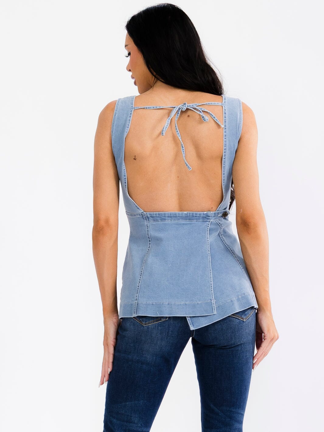 WOMEN'S SLEEVELESS SQUARE NECK OPEN BACK STRETCH DENIM TANK TOP