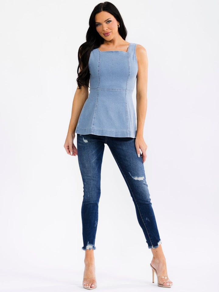 WOMEN'S SLEEVELESS SQUARE NECK OPEN BACK STRETCH DENIM TANK TOP