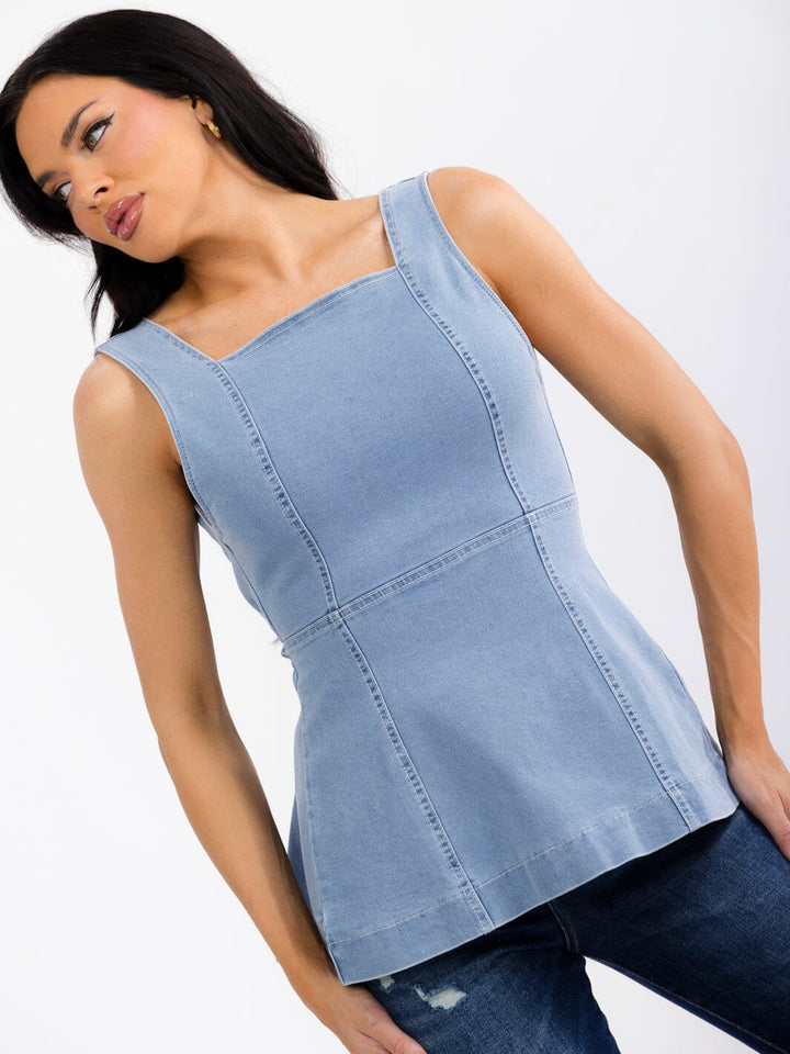 WOMEN'S SLEEVELESS SQUARE NECK OPEN BACK STRETCH DENIM TANK TOP