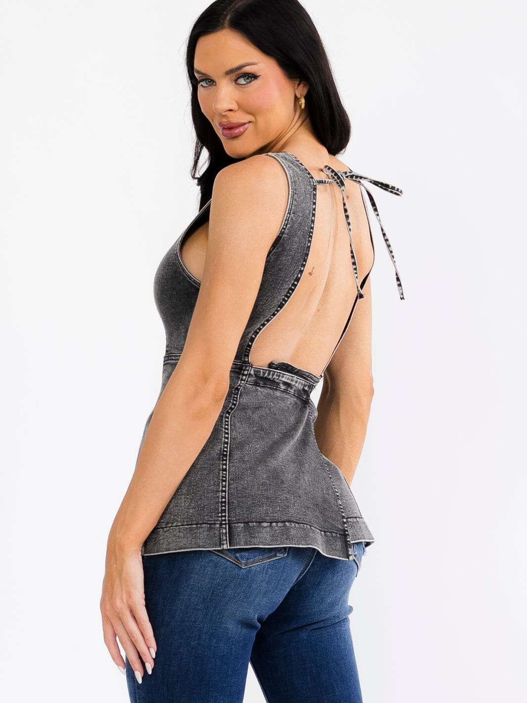 WOMEN'S SLEEVELESS SQUARE NECK OPEN BACK STRETCH DENIM TANK TOP