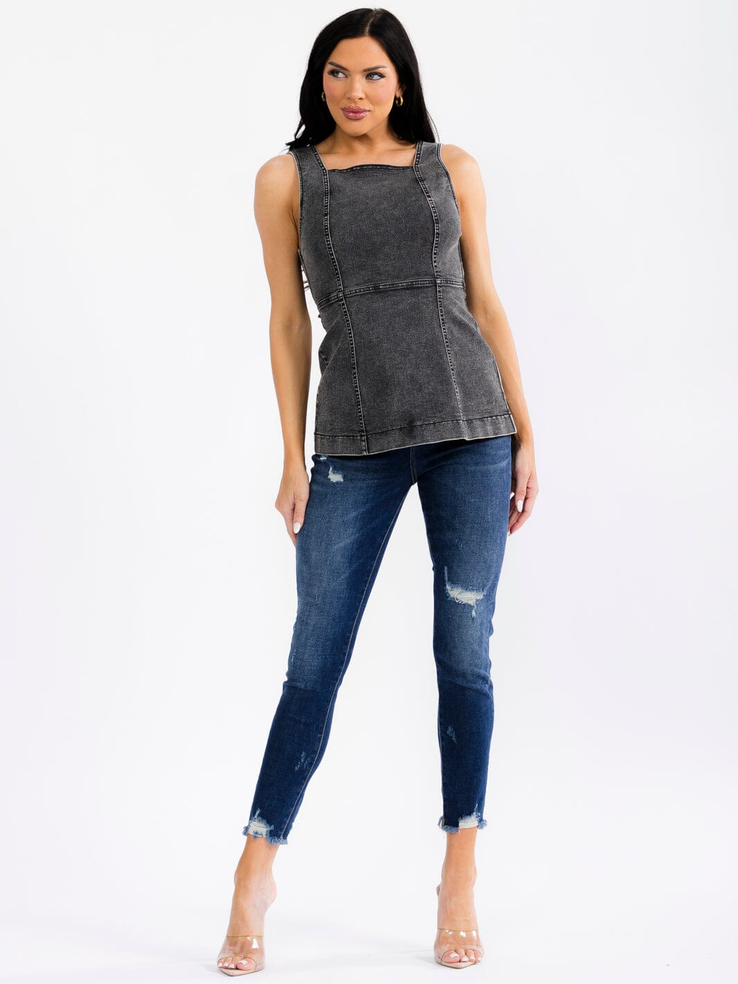 WOMEN'S SLEEVELESS SQUARE NECK OPEN BACK STRETCH DENIM TANK TOP