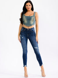 WOMEN'S SLEEVELESS WASHED STRETCH DENIM CROP TOP