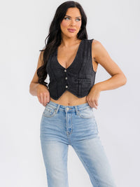 WOMEN'S SLEEVELESS V-NECK BUTTON UP DENIM CROP TOP
